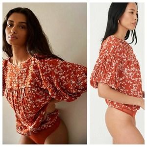 Free People Floral Pintuck Puff Sleeve Bodysuit | Large | Rust